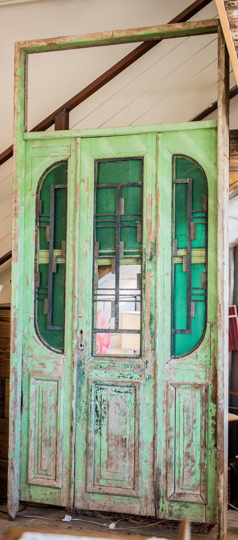 Iron Inset Primitive Green Wooden Double Doors