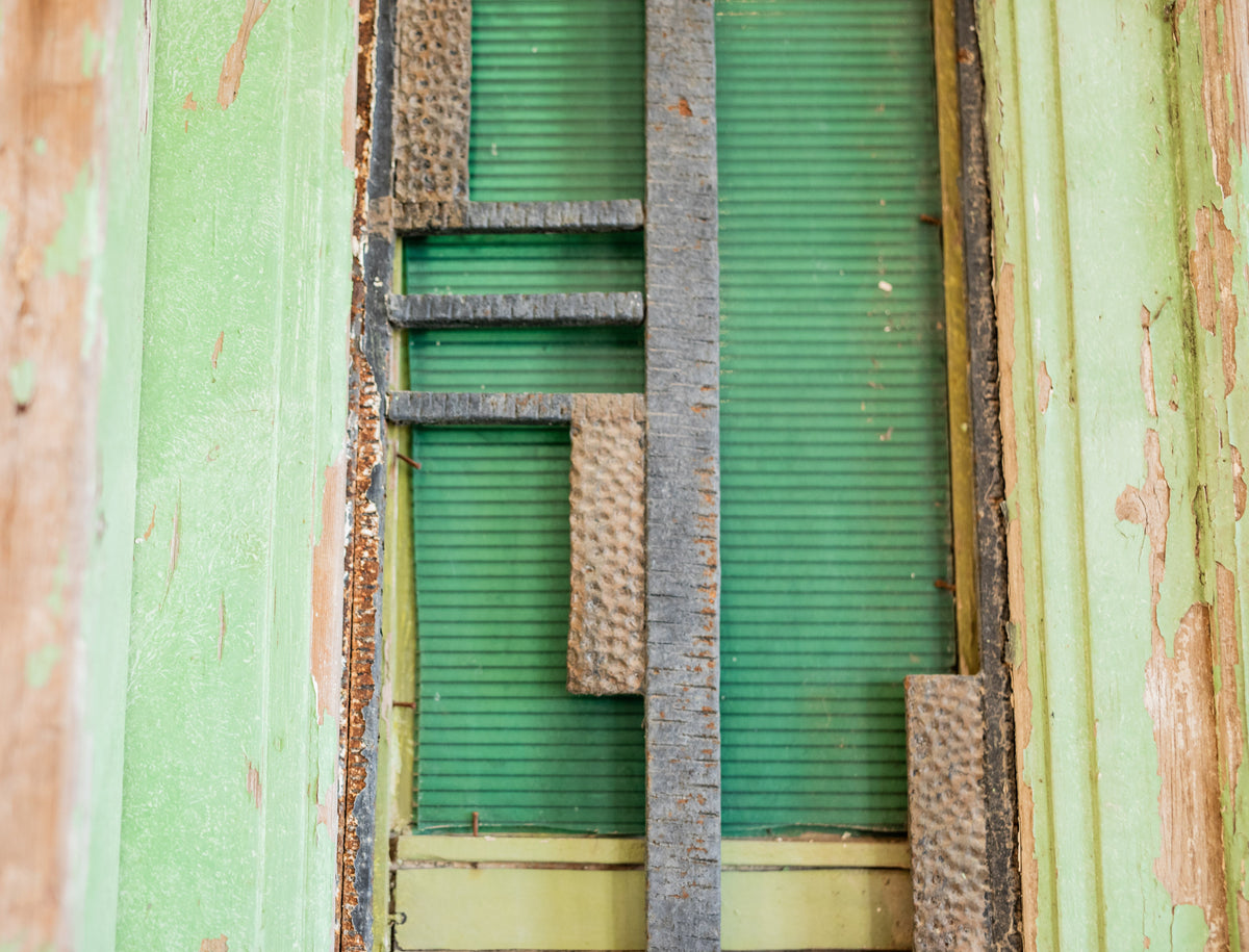 Iron Inset Primitive Green Wooden Double Doors