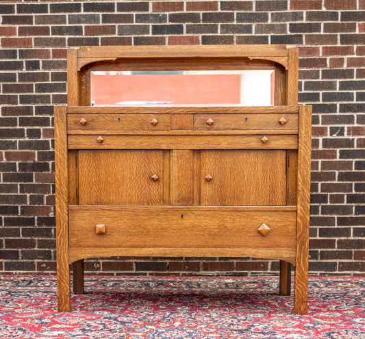 Mission Style Beveled Mirrored Back Oak Sideboard