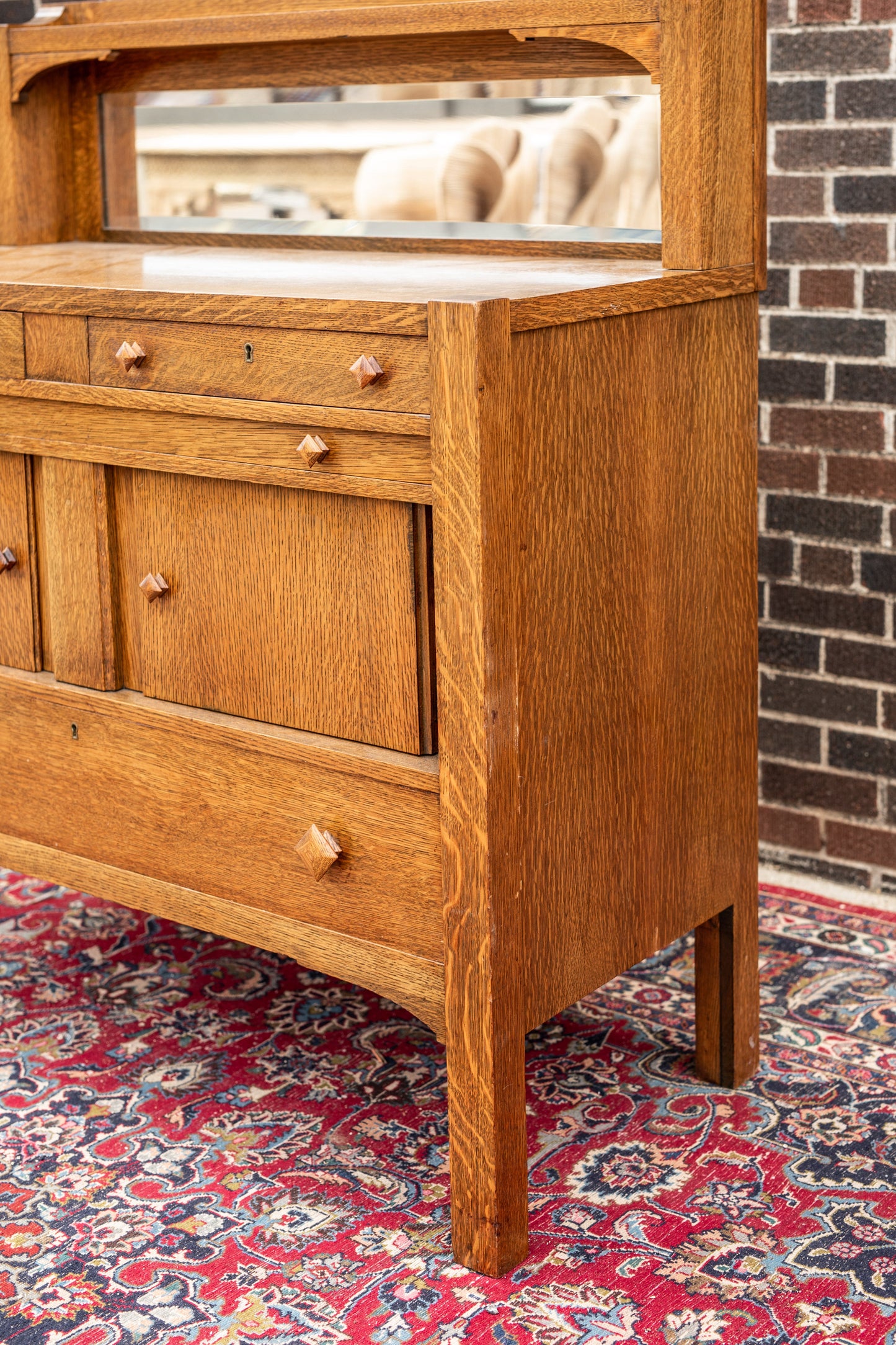 Mission Style Beveled Mirrored Back Oak Sideboard