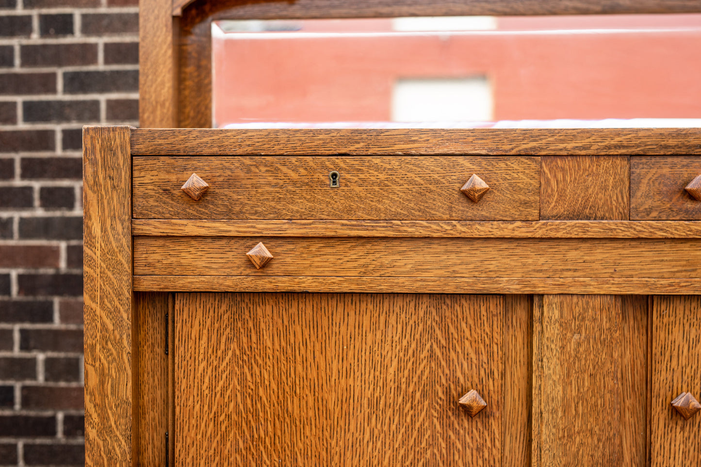 Mission Style Beveled Mirrored Back Oak Sideboard