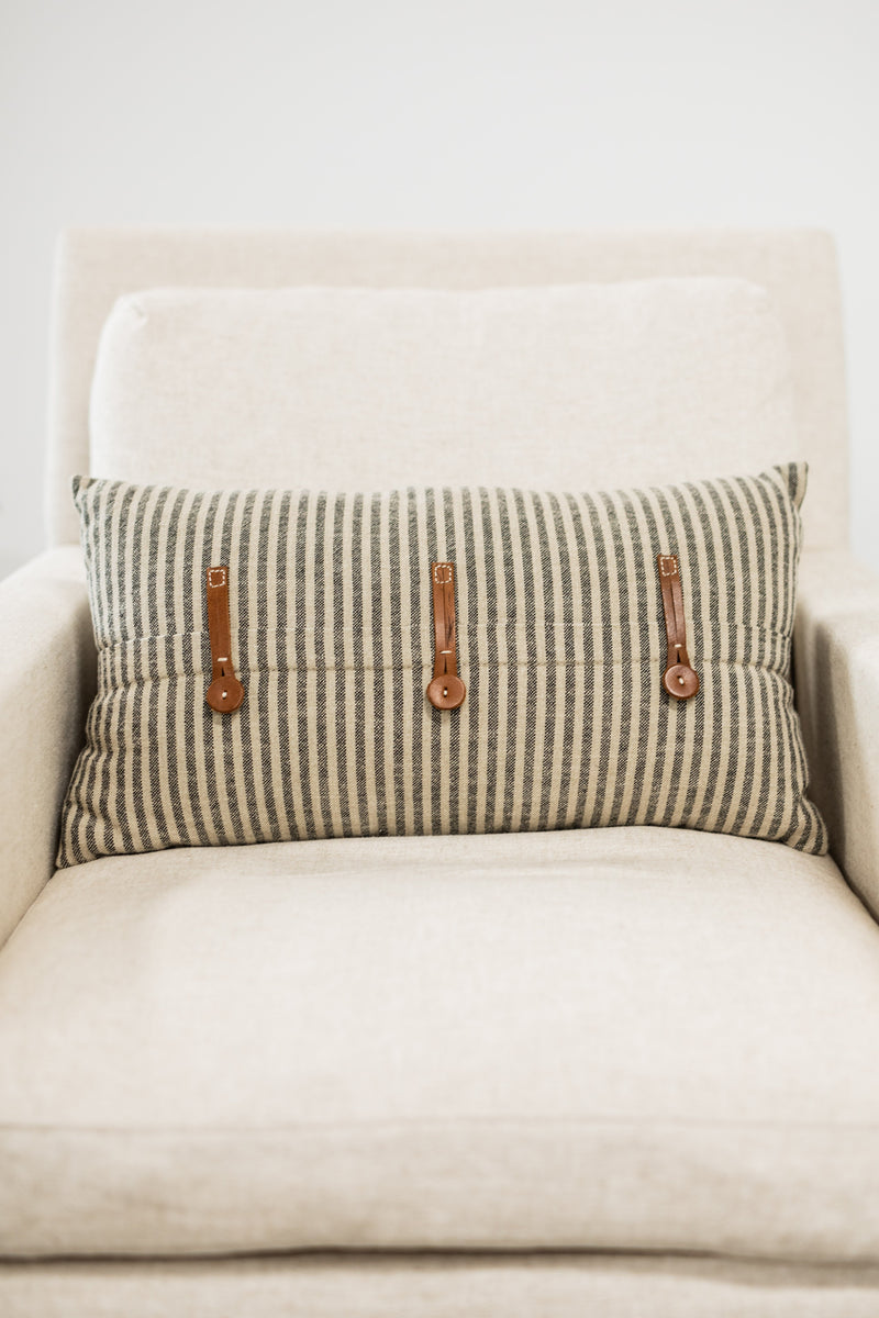 Striped Cotton Pillow w/ Leather Detail