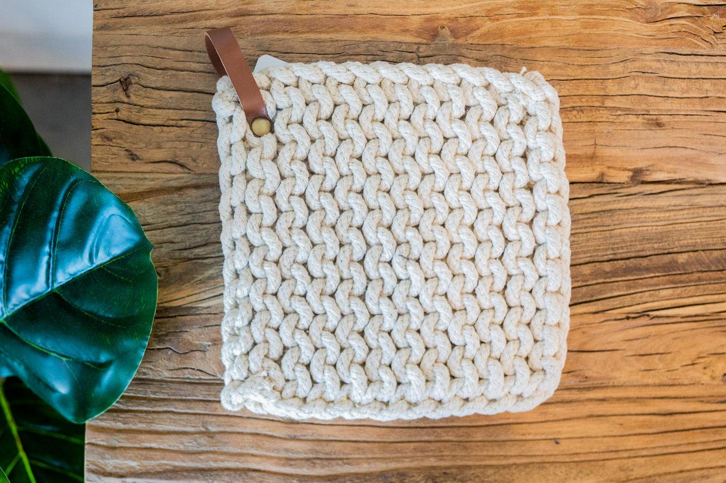Crocheted Pot Holder w/ Leather Tie