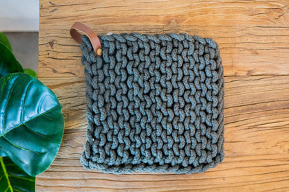 Crocheted Pot Holder w/ Leather Tie