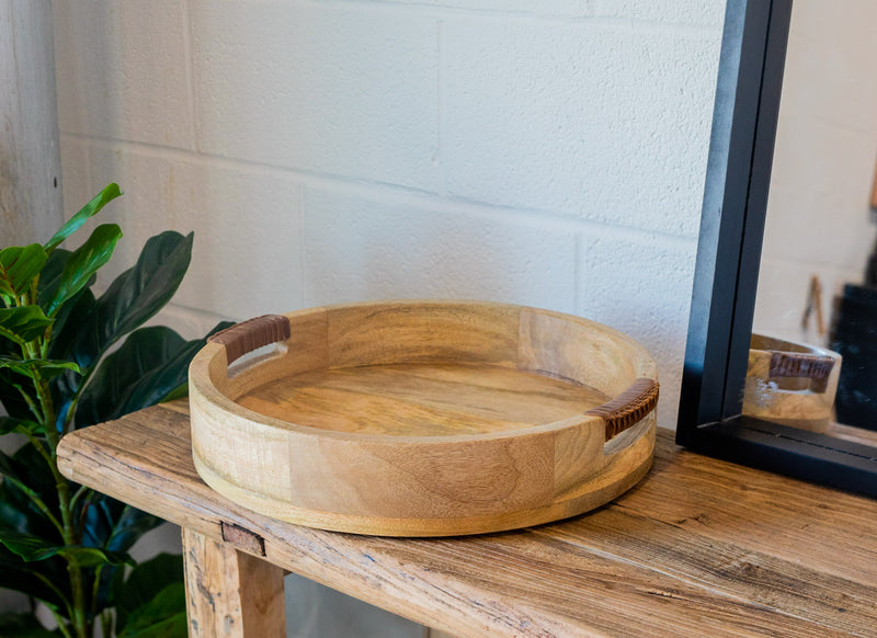 Lee Mango Wood Tray w/ Leather Wrapped Handles