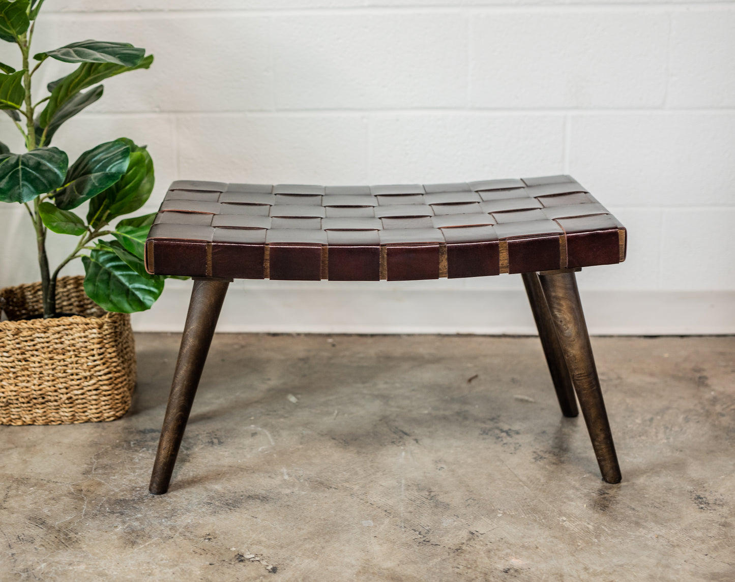 Adam Mango Wood & Woven Leather Bench