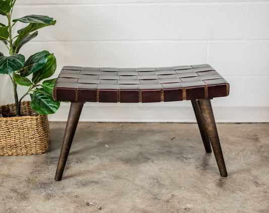 Adam Mango Wood & Woven Leather Bench